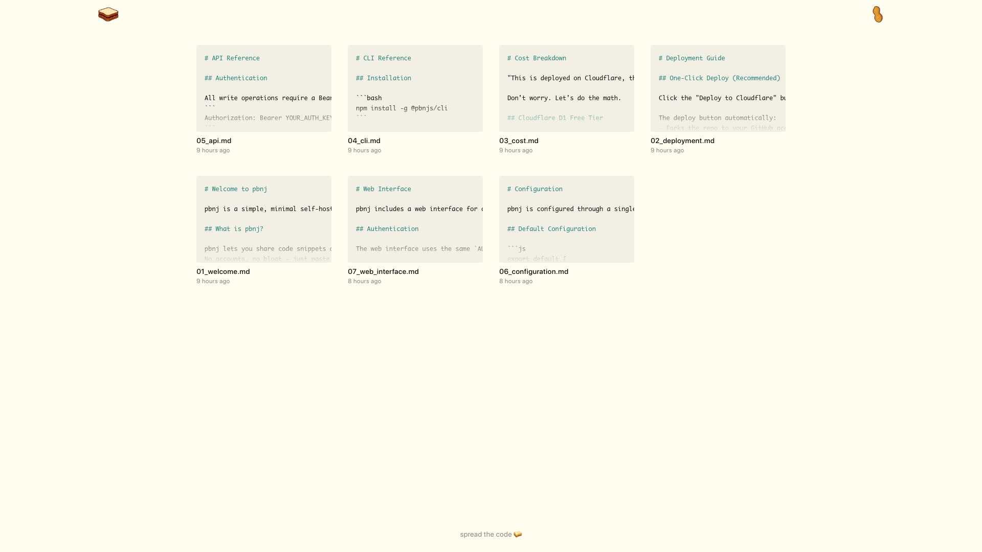 Screenshot of pbnj.sh: Show HN: Pbnj – A minimal, self-hosted pastebin you can deploy in 60 seconds