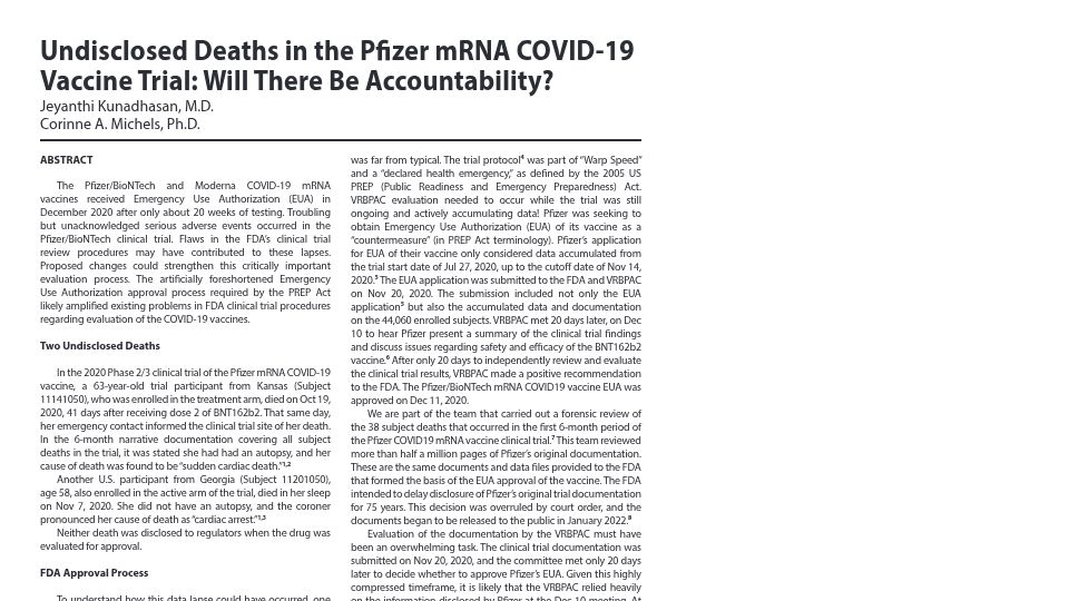 Screenshot of jpands.org: Undisclosed Deaths in the Pfizer mRNA Covid-19 Vaccine Trial [pdf]