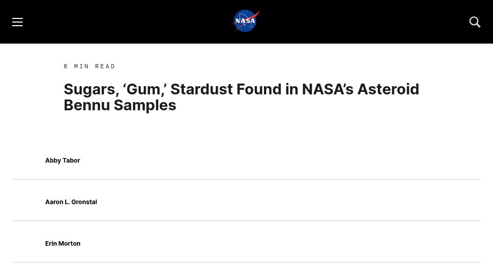 Screenshot of nasa.gov: Sugars, Gum, Stardust Found in NASA's Asteroid Bennu Samples