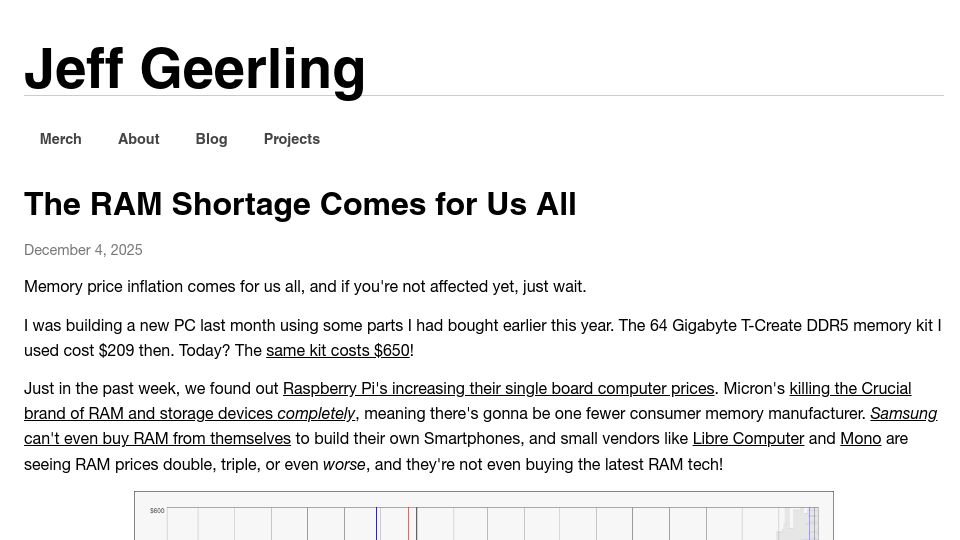 Screenshot of jeffgeerling.com: The RAM shortage comes for us all