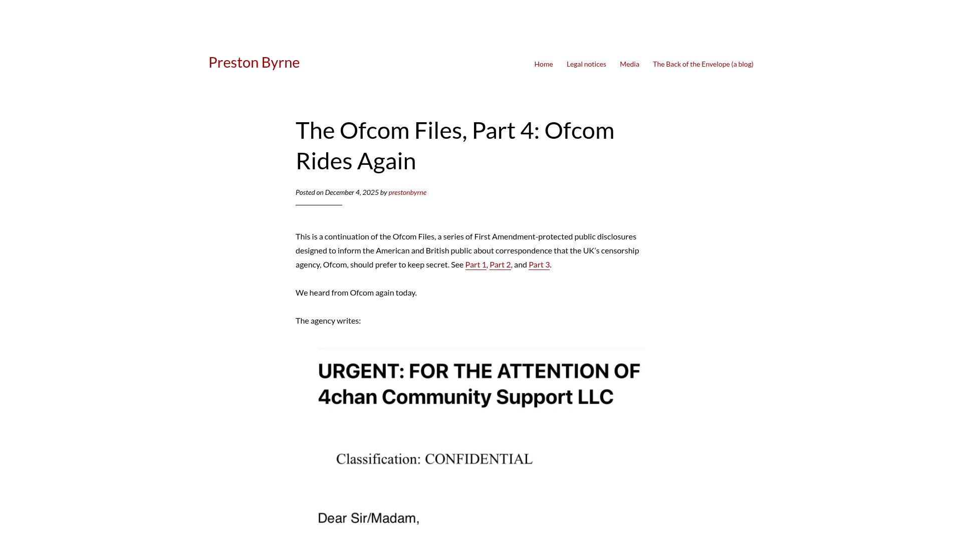 Screenshot of prestonbyrne.com: The Ofcom Files, Part 4: Ofcom Rides Again