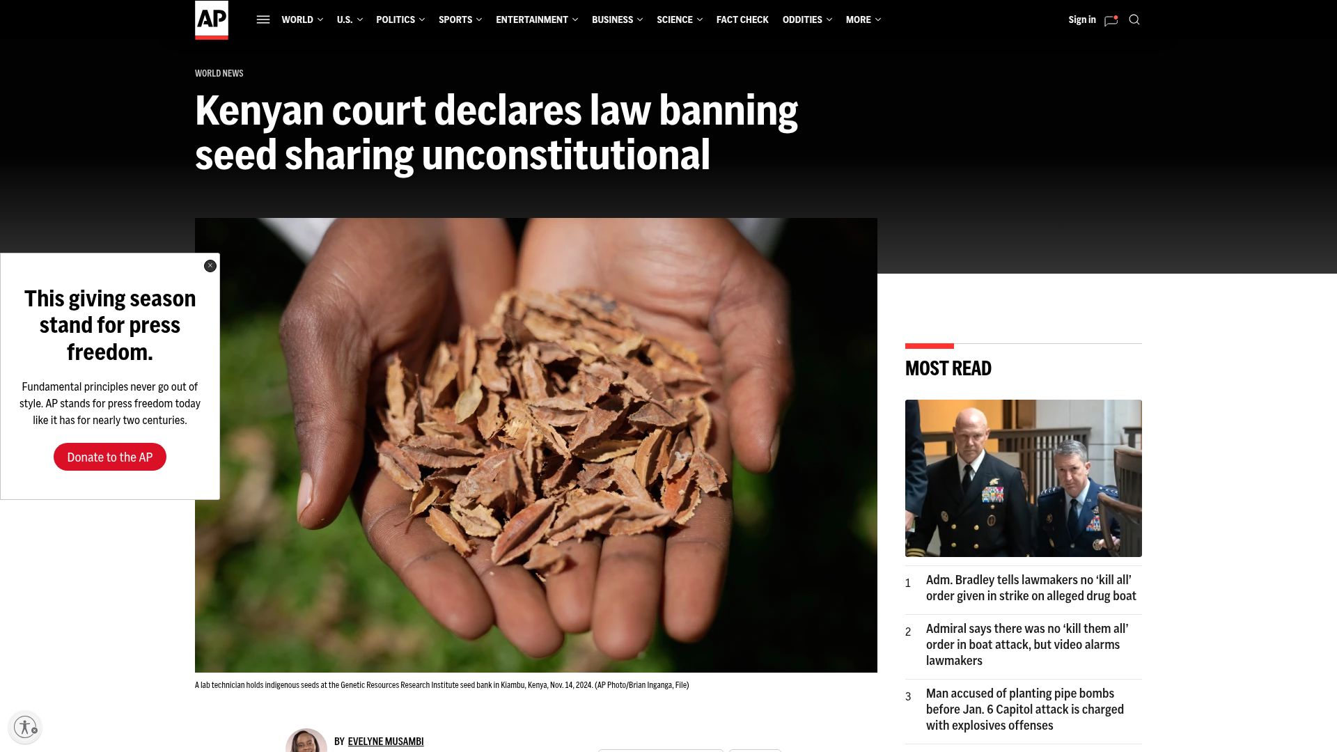 Screenshot of apnews.com: Kenyan court declares law banning seed sharing unconstitutional