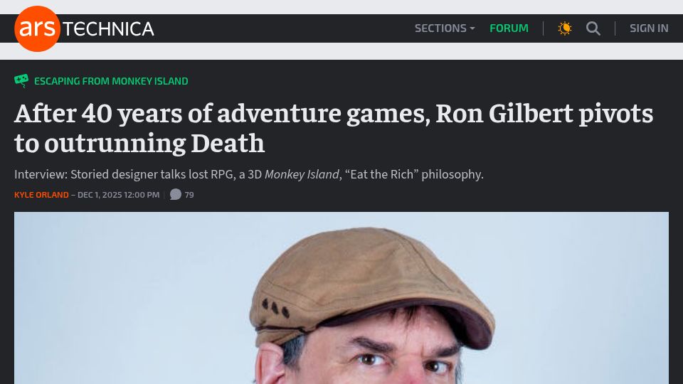 Screenshot of arstechnica.com: After 40 years of adventure games, Ron Gilbert pivots to outrunning Death