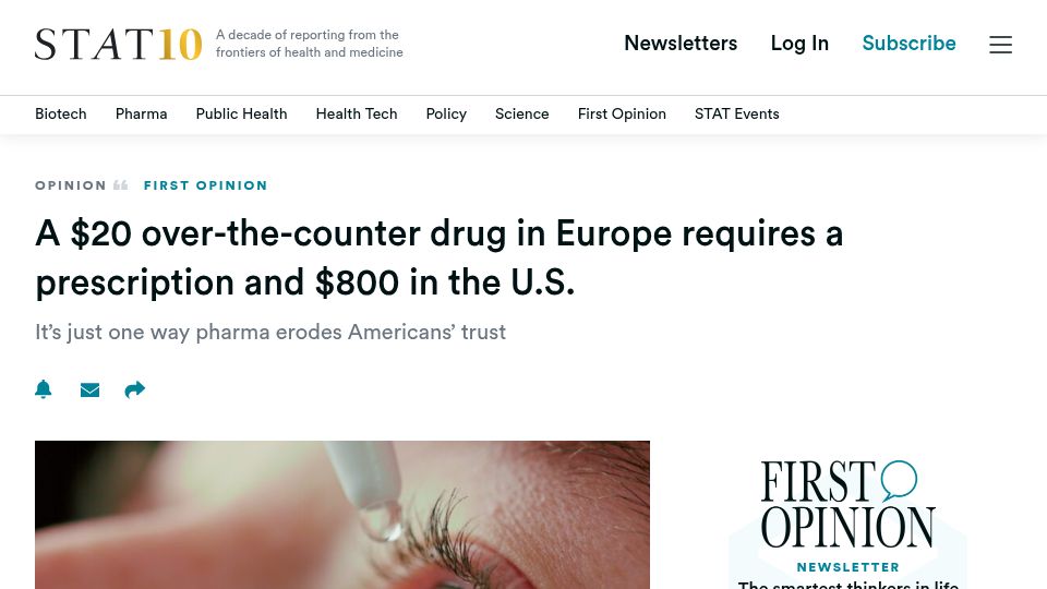 Screenshot of statnews.com: A $20 drug in Europe requires a prescription and $800 in the U.S.