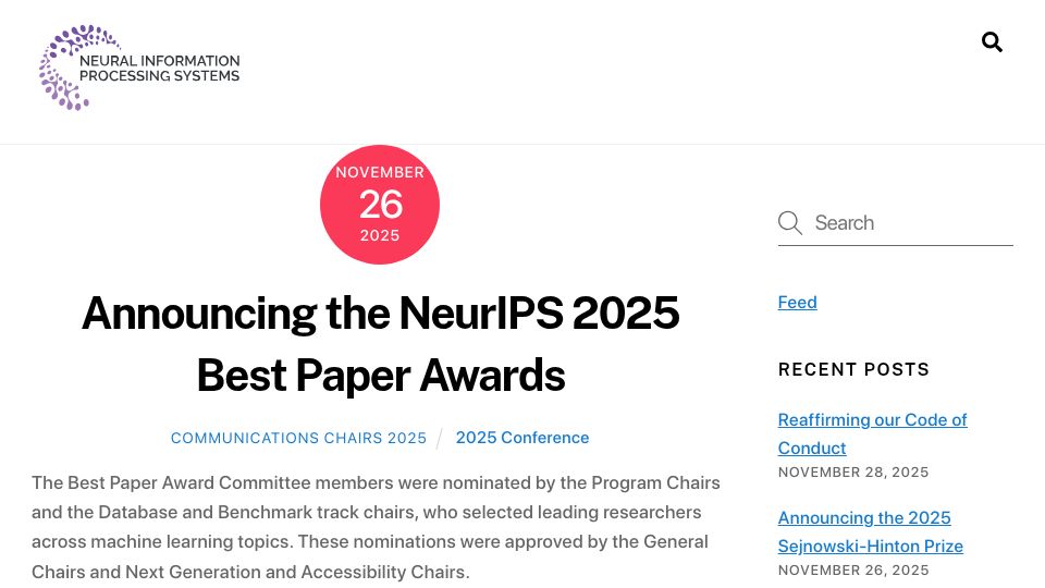 Screenshot of blog.neurips.cc: NeurIPS 2025 Best Paper Awards
