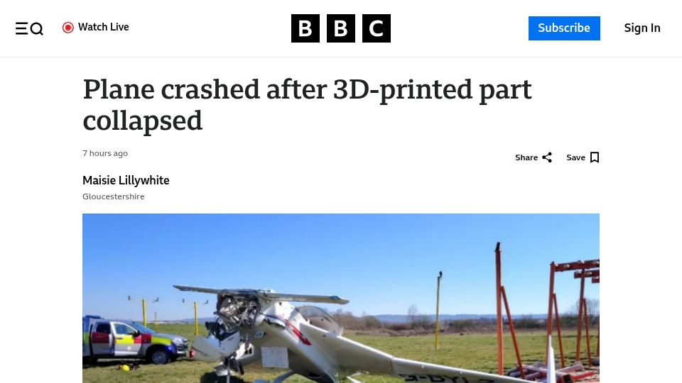 Screenshot of bbc.com: A Cozy Mk IV light aircraft crashed after 3D-printed part was weakened by heat