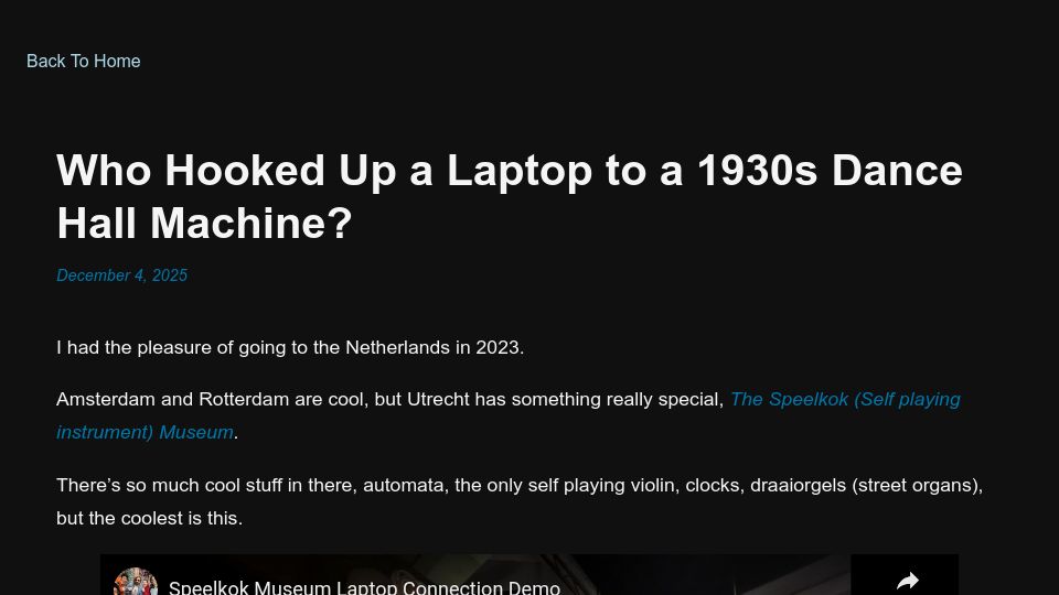 Screenshot of chrisbako.com: Who Hooked Up a Laptop to a 1930s Dance Hall Machine?