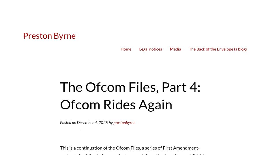 Screenshot of prestonbyrne.com: The Ofcom Files, Part 4: Ofcom Rides Again