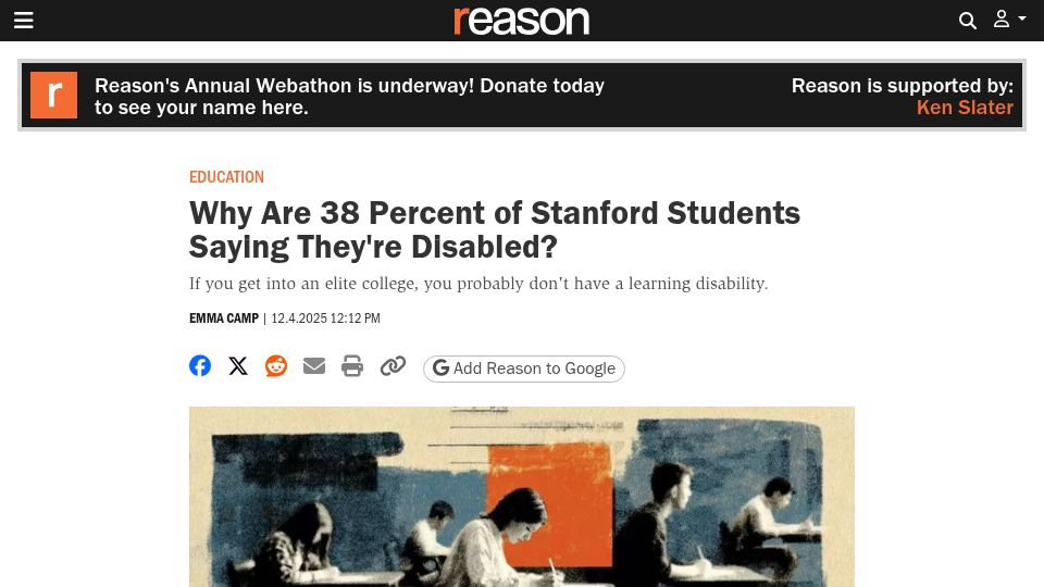 Screenshot of reason.com: Why are 38 percent of Stanford students saying they're disabled?