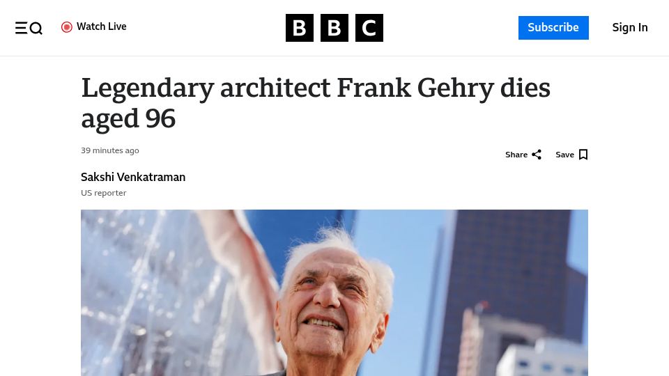Screenshot of bbc.co.uk: Frank Gehry has died