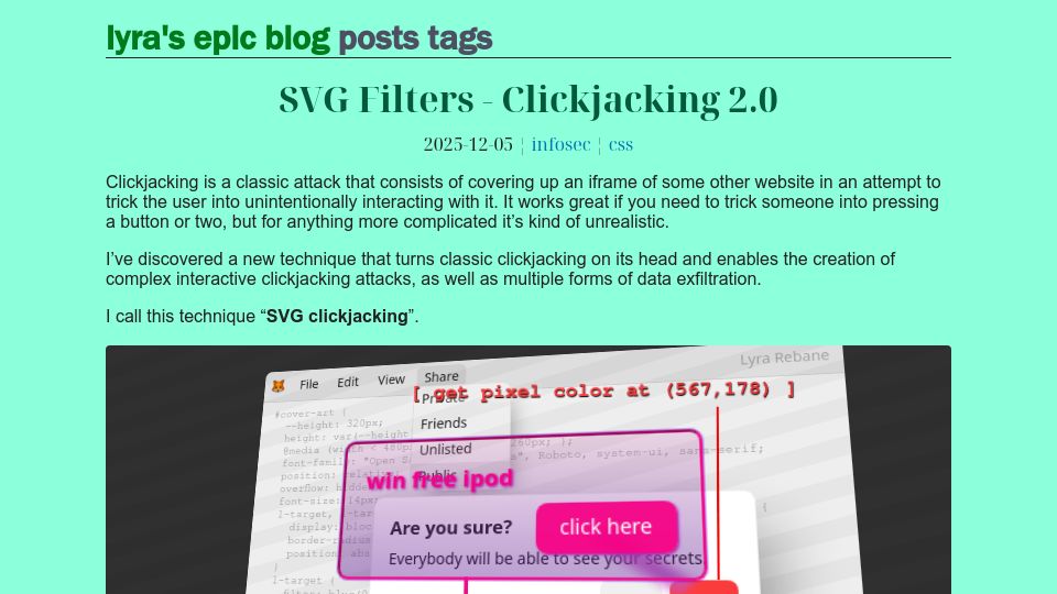 Screenshot of lyra.horse: Trick users and bypass warnings – Modern SVG Clickjacking attacks