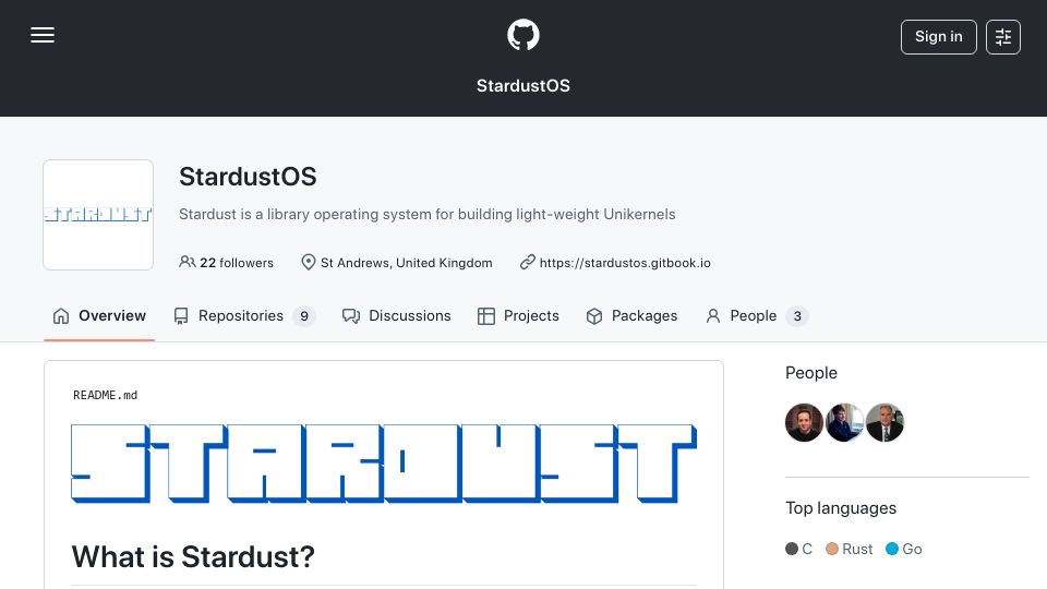 Screenshot of github.com: StardustOS: Library operating system for building light-weight Unikernels