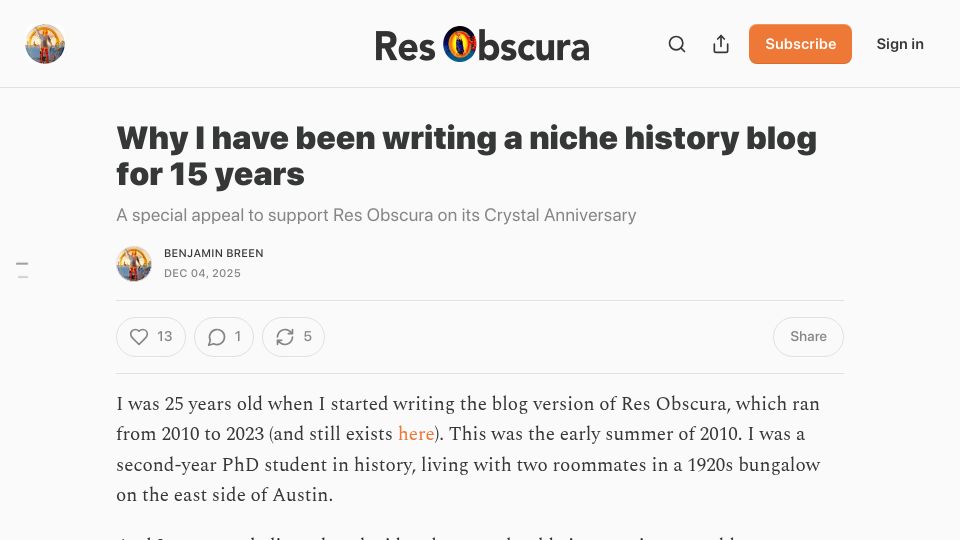 Screenshot of resobscura.substack.com: I have been writing a niche history blog for 15 years