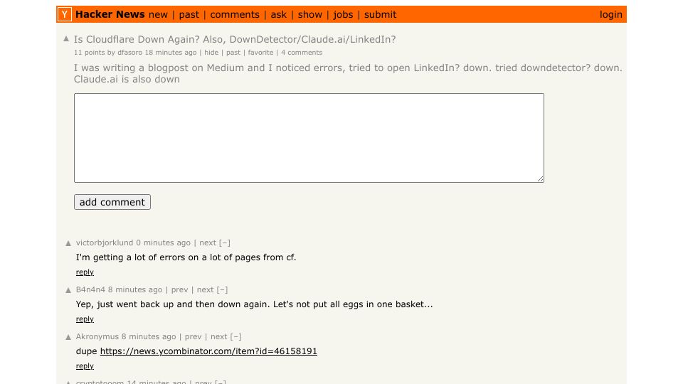 Screenshot of Hacker News post: Is Cloudflare Down Again? Also, DownDetector/Claude.ai/LinkedIn?