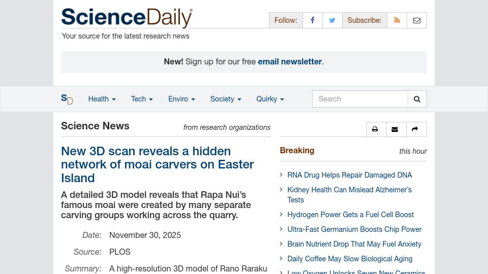 Screenshot of sciencedaily.com: New 3D scan reveals a hidden network of moai carvers on Easter Island