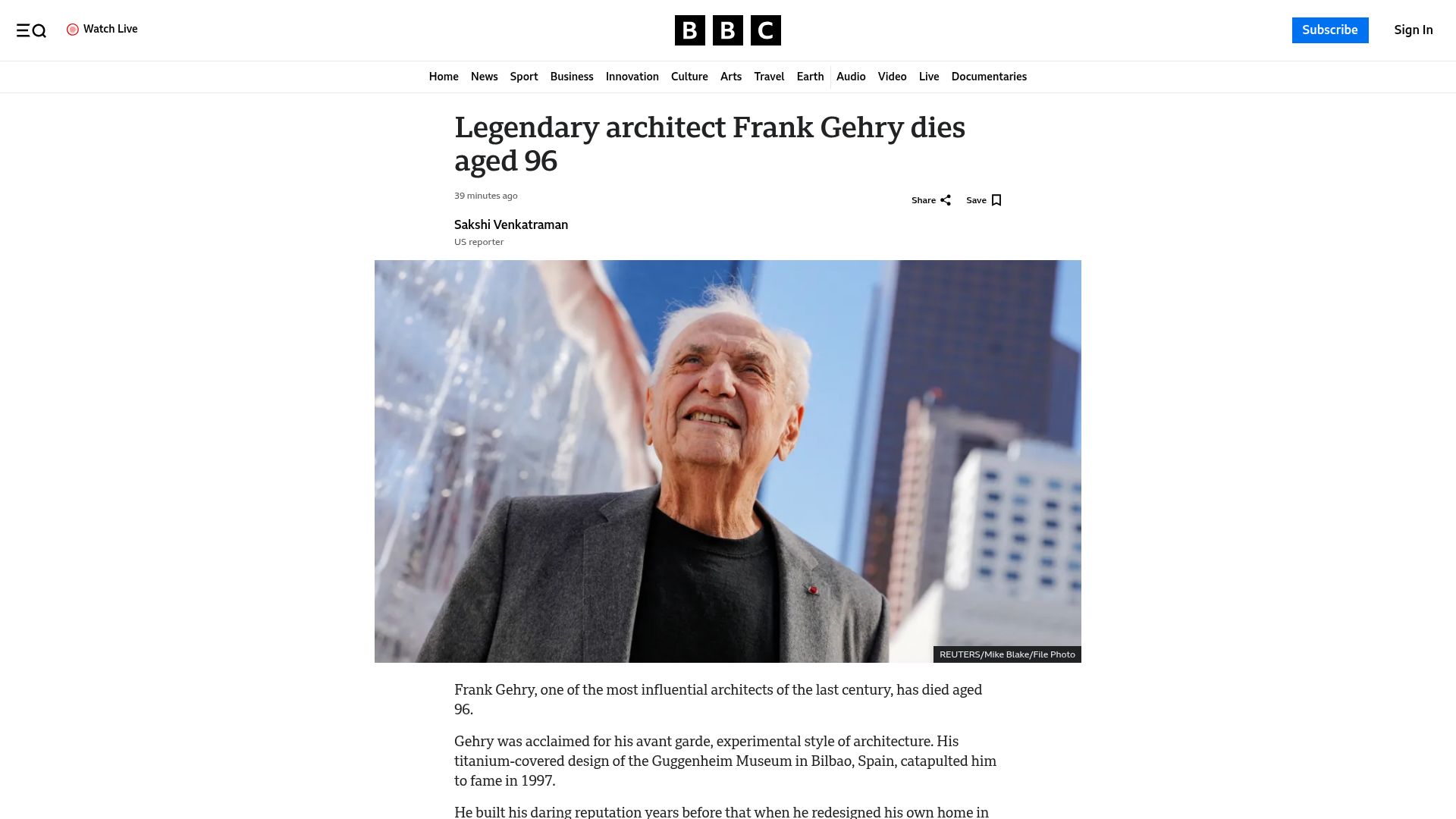 Screenshot of bbc.co.uk: Frank Gehry has died