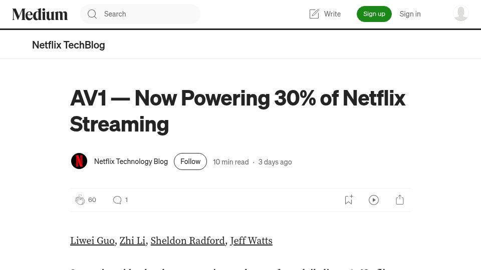 Screenshot of netflixtechblog.com: Netflix’s AV1 Journey: From Android to TVs and Beyond