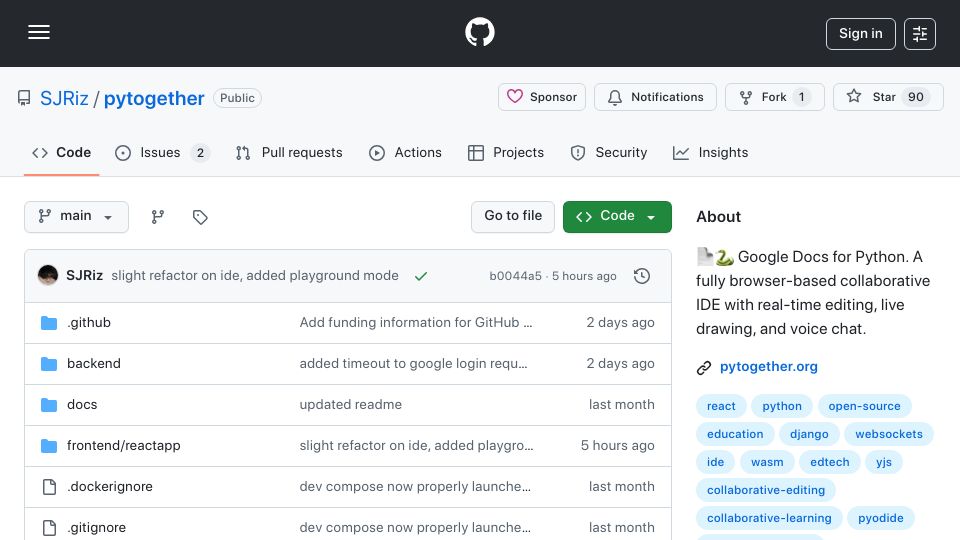 Screenshot of github.com: PyTogether: Collaborative lightweight real-time Python IDE for teachers/learners