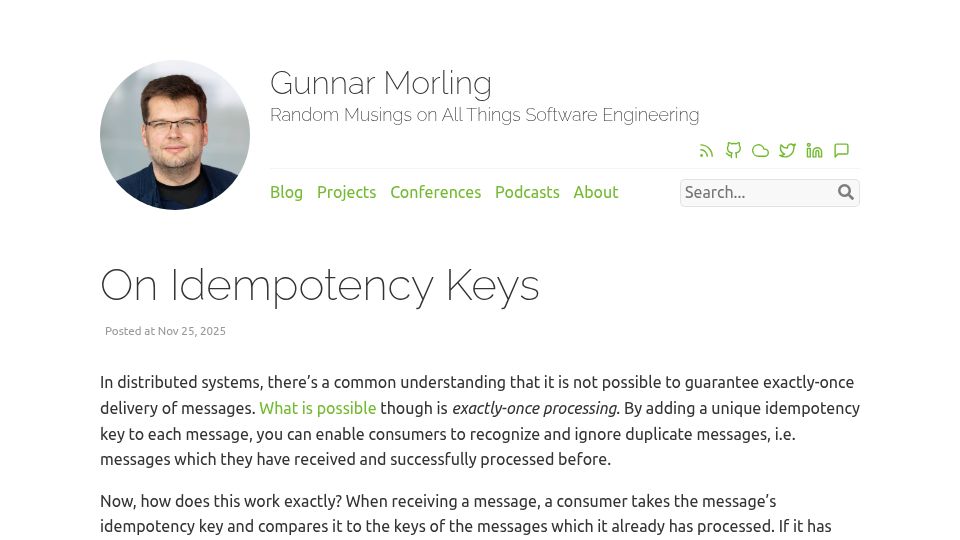 Screenshot of morling.dev: Idempotency keys for exactly-once processing