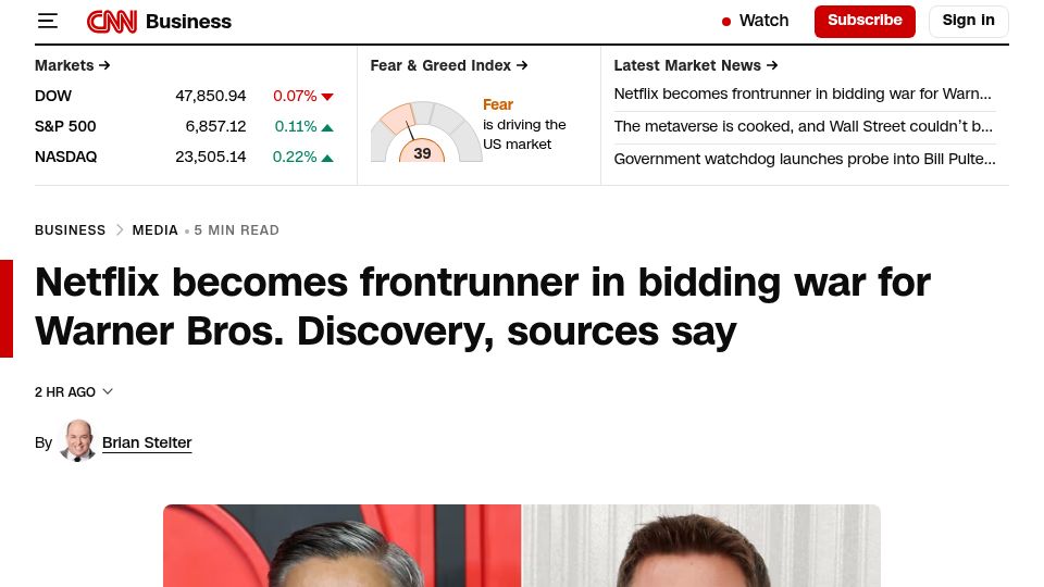 Screenshot of cnn.com: Netflix in exclusive talks to buy HBO