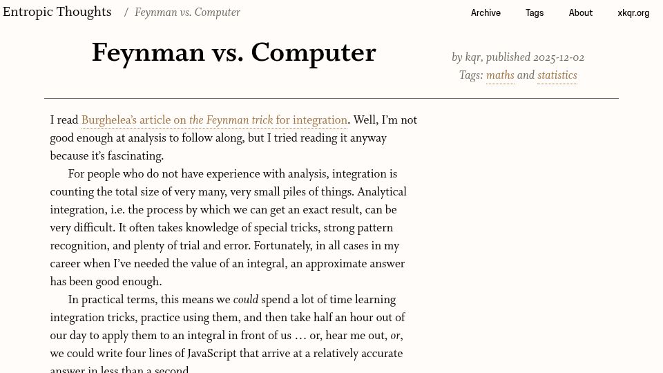 Screenshot of entropicthoughts.com: Feynman vs. Computer