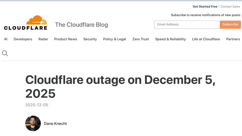 Screenshot of blog.cloudflare.com: Cloudflare outage on December 5, 2025