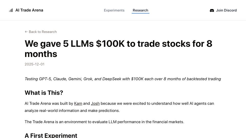 Screenshot of aitradearena.com: We gave 5 LLMs $100K to trade stocks for 8 months