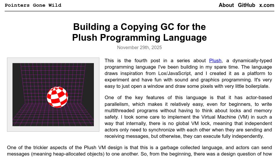 Screenshot of pointersgonewild.com: Building a Copying GC for the Plush Programming Language