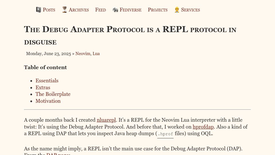 Screenshot of zignar.net: The Debug Adapter Protocol is a REPL protocol in disguise