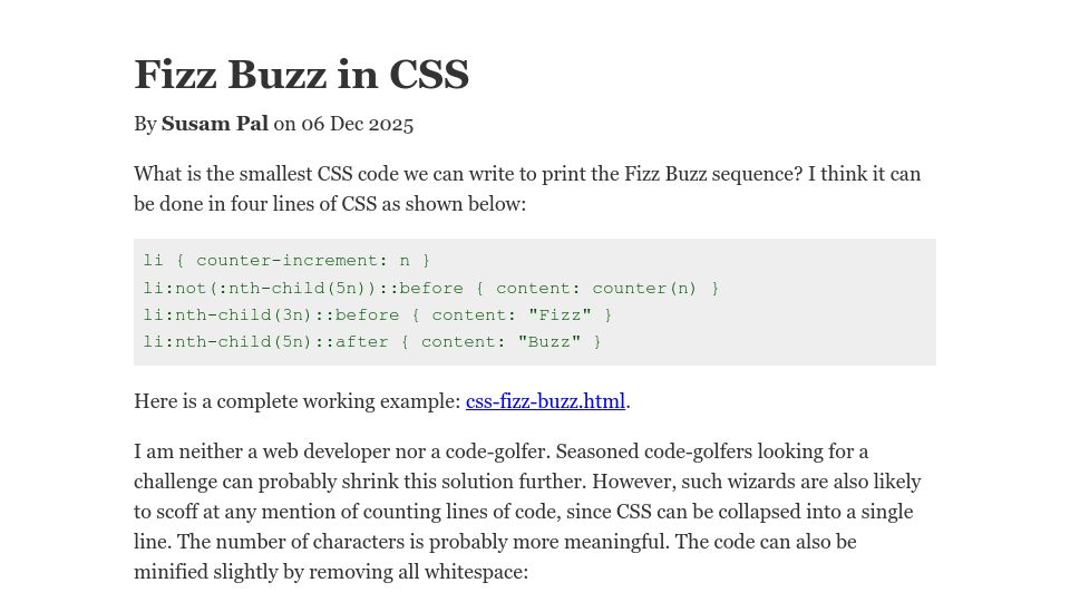 Screenshot of susam.net: Fizz Buzz in CSS