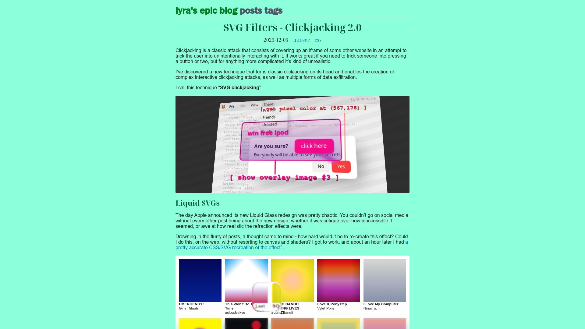 Screenshot of lyra.horse: Trick users and bypass warnings – Modern SVG Clickjacking attacks