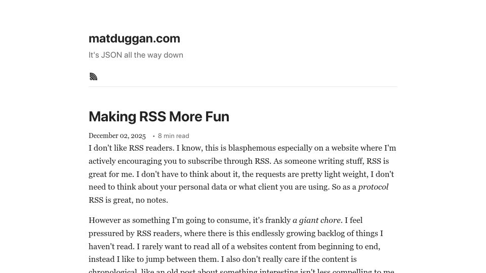 Screenshot of matduggan.com: Making RSS More Fun