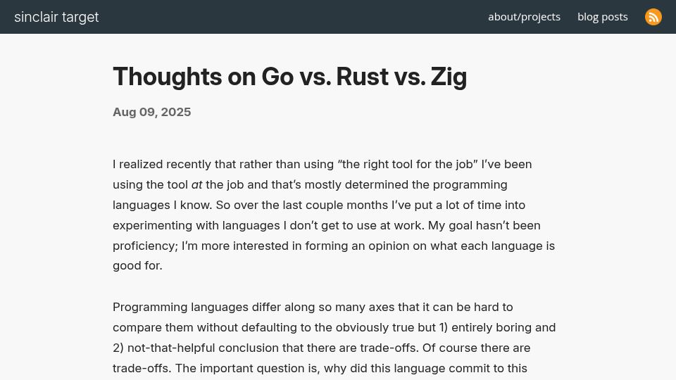 Screenshot of sinclairtarget.com: Thoughts on Go vs. Rust vs. Zig