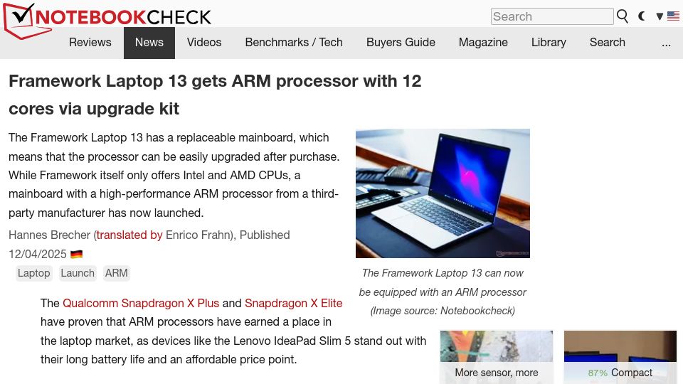 Screenshot of notebookcheck.net: Framework Laptop 13 gets ARM processor with 12 cores via upgrade kit
