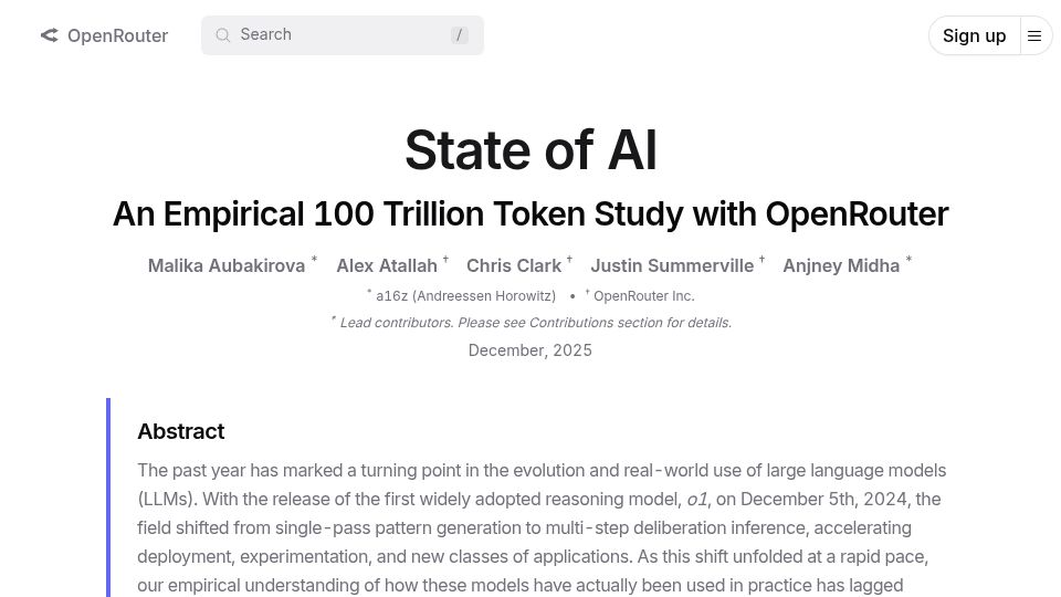 Screenshot of openrouter.ai: State of AI: An Empirical 100T Token Study with OpenRouter