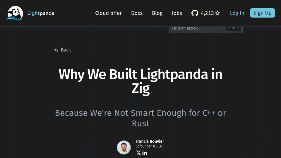 Screenshot of lightpanda.io: Why we built Lightpanda in Zig