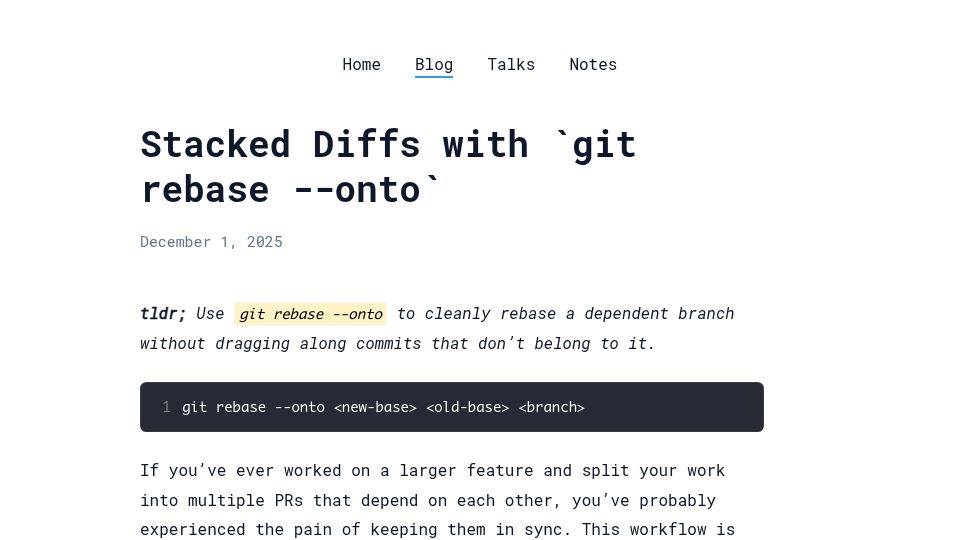 Screenshot of dineshpandiyan.com: Stacked Diffs with git rebase —onto