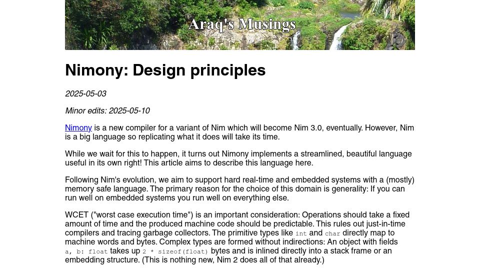 Screenshot of nim-lang.org: Nimony (Nim 3.0) Design Principles
