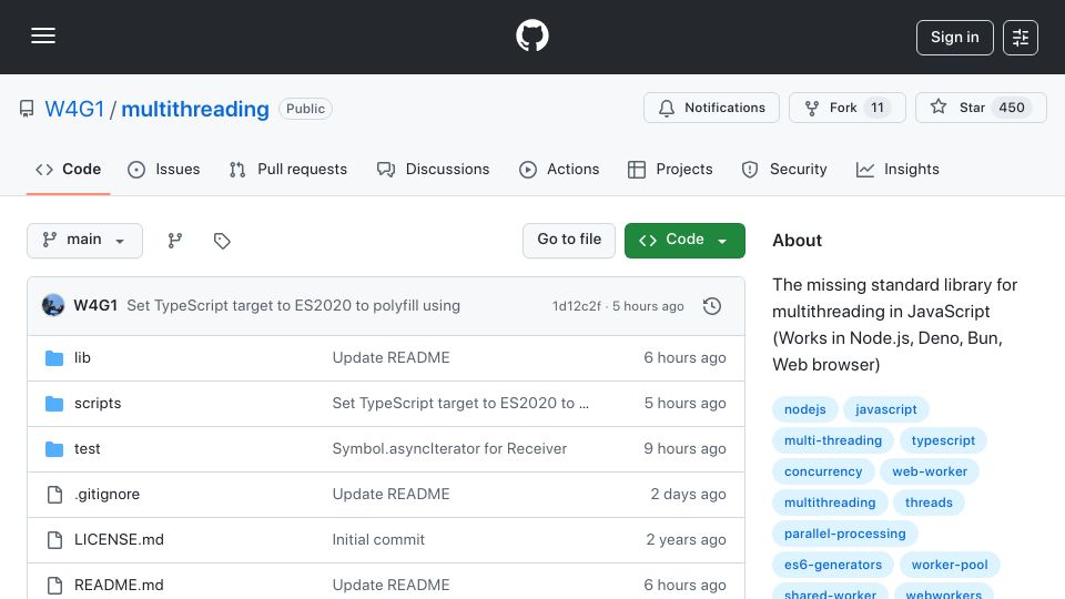 Screenshot of github.com: The missing standard library for multithreading in JavaScript
