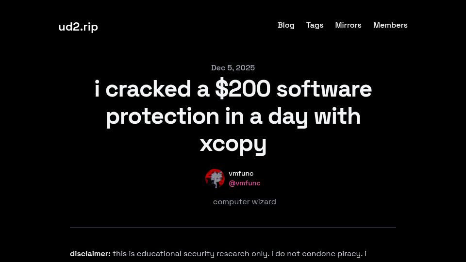 Screenshot of ud2.rip: I cracked a $200 software protection with xcopy