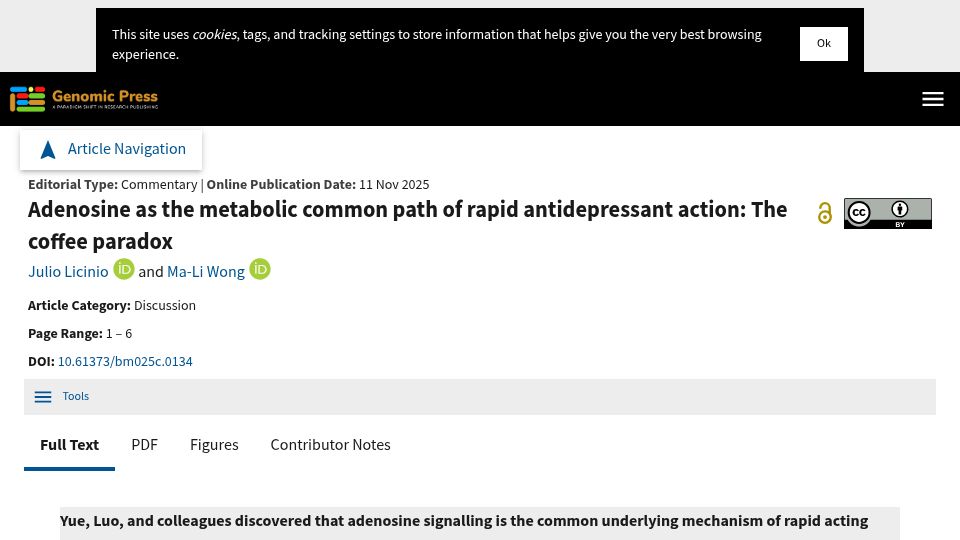 Screenshot of genomicpress.kglmeridian.com: Adenosine on the common path of rapid antidepressant action: The coffee paradox