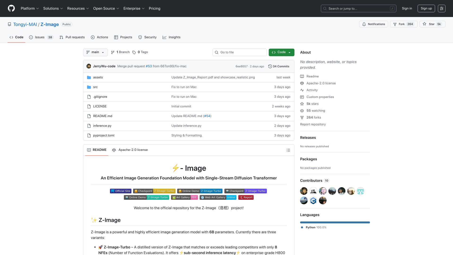 Screenshot of github.com: Z-Image: Powerful and highly efficient image generation model with 6B parameters