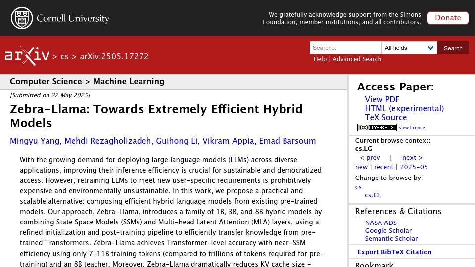Screenshot of arxiv.org: Zebra-Llama – Towards efficient hybrid models