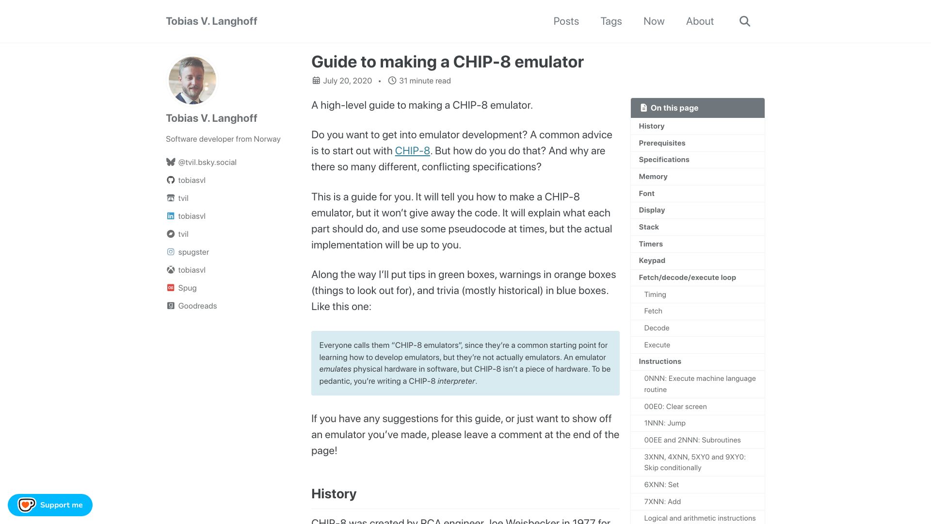 Screenshot of tobiasvl.github.io: Guide to making a CHIP-8 emulator (2020)