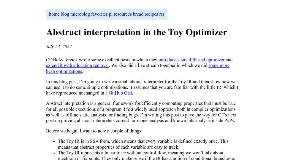 Screenshot of bernsteinbear.com: Abstract Interpretation in the Toy Optimizer