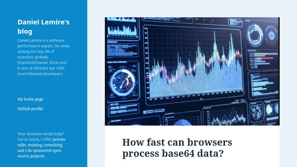 Screenshot of lemire.me: How fast can browsers process base64 data?