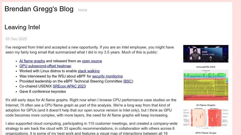 Screenshot of brendangregg.com: Leaving Intel