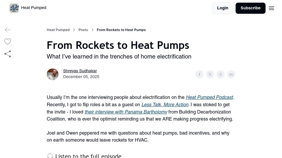 Screenshot of heatpumped.org: From Rockets to Heat Pumps