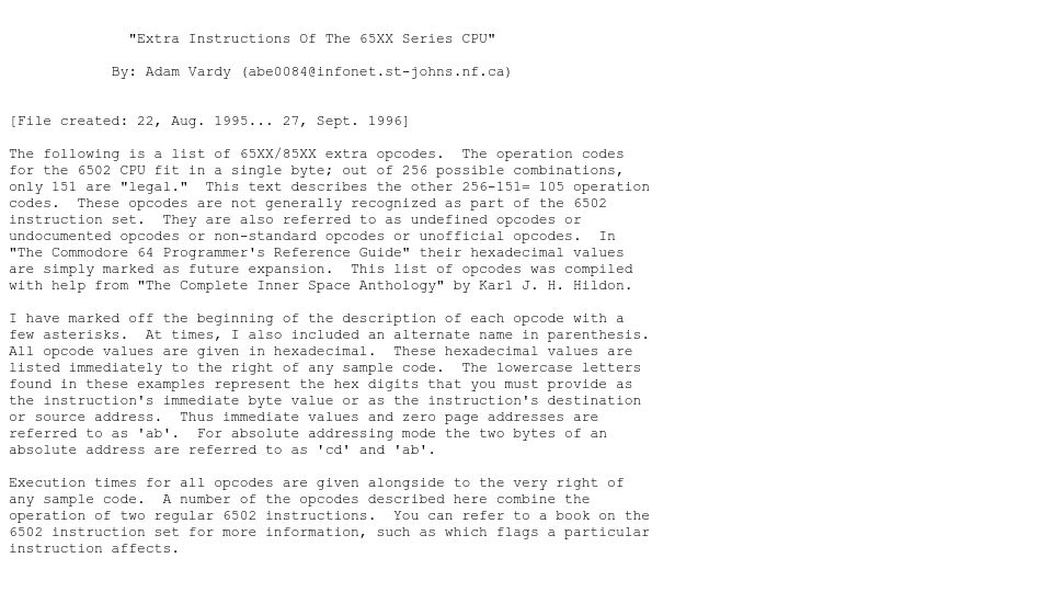 Screenshot of ffd2.com: Extra Instructions Of The 65XX Series CPU (1996)