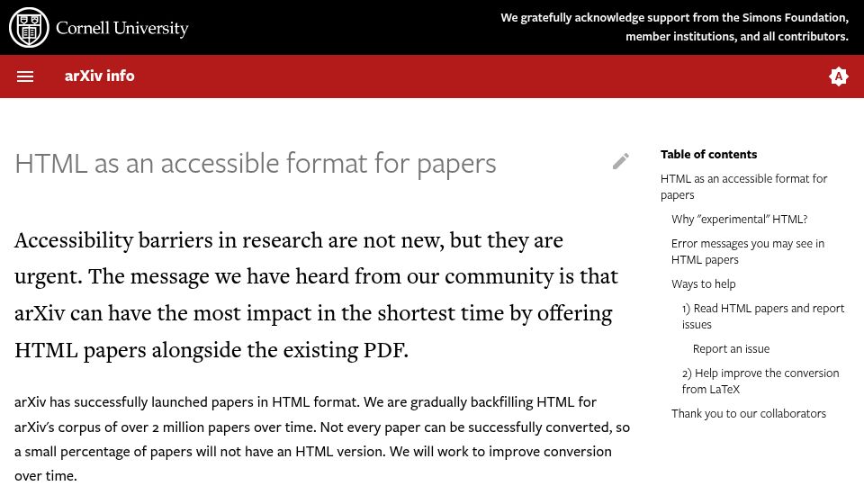 Screenshot of info.arxiv.org: HTML as an Accessible Format for Papers (2023)